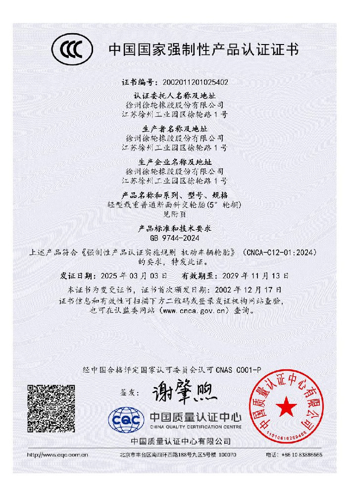 2002011201025402 Certificate of Light duty Ordinary Cross section Diagonal Tire - Chinese Version 01