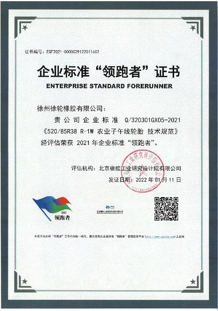 22.1.21 Agricultural Radial Tire 52085R38 R-1W Stamped Edition Enterprise Standard Leader Certificat